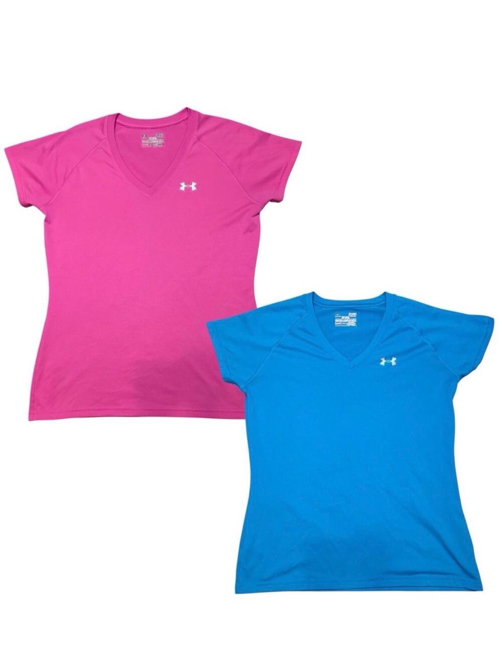 Under Armour Shirts Womens Small Pink Blue V-Neck Semi-Fitted Heatgear Lot of 2